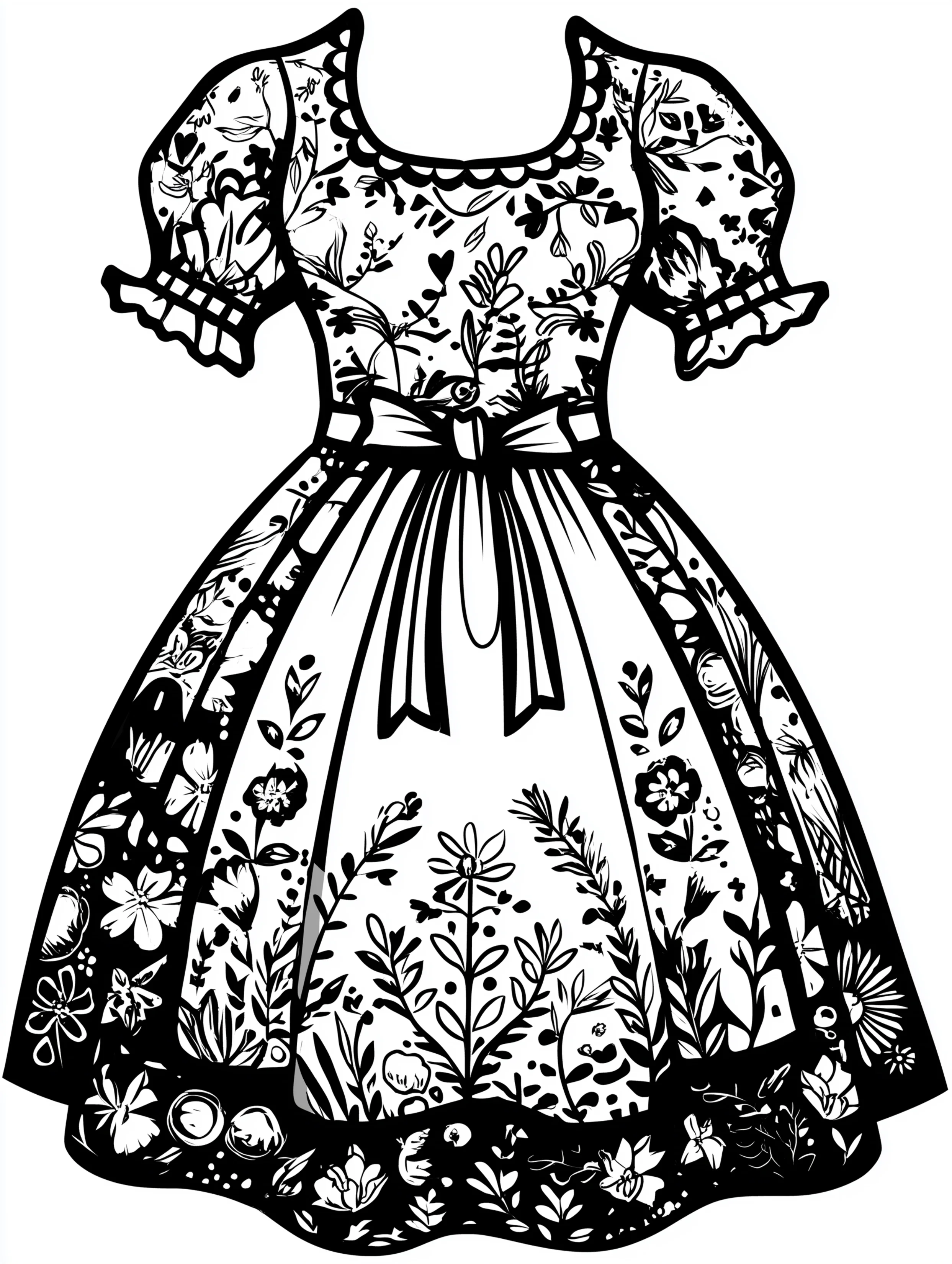 Free printable dress coloring page for adults featuring a vintage peasant dress